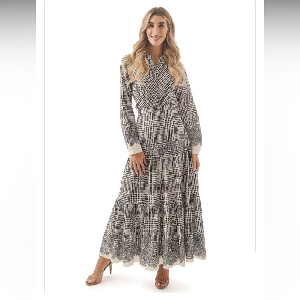 Paper Parachute Houndstooth Skirt  Blouse Set XS Boho Cottagecore prairie Maxi